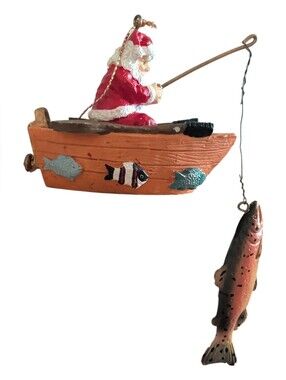 Santa Fishing Boat Ornament - Orange, Red & Blue